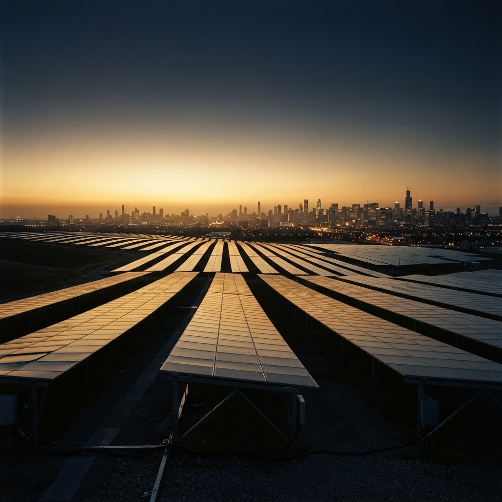 Modern solar field at golden dusk transitioning into a city skyline